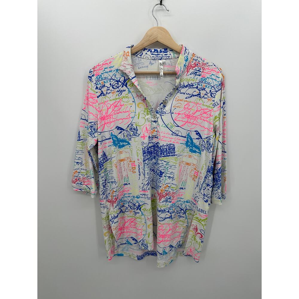 Lulu B Golf Shirt Womens Size M 1/2‎ Sleeve Tunic Quarter Button Front Printed